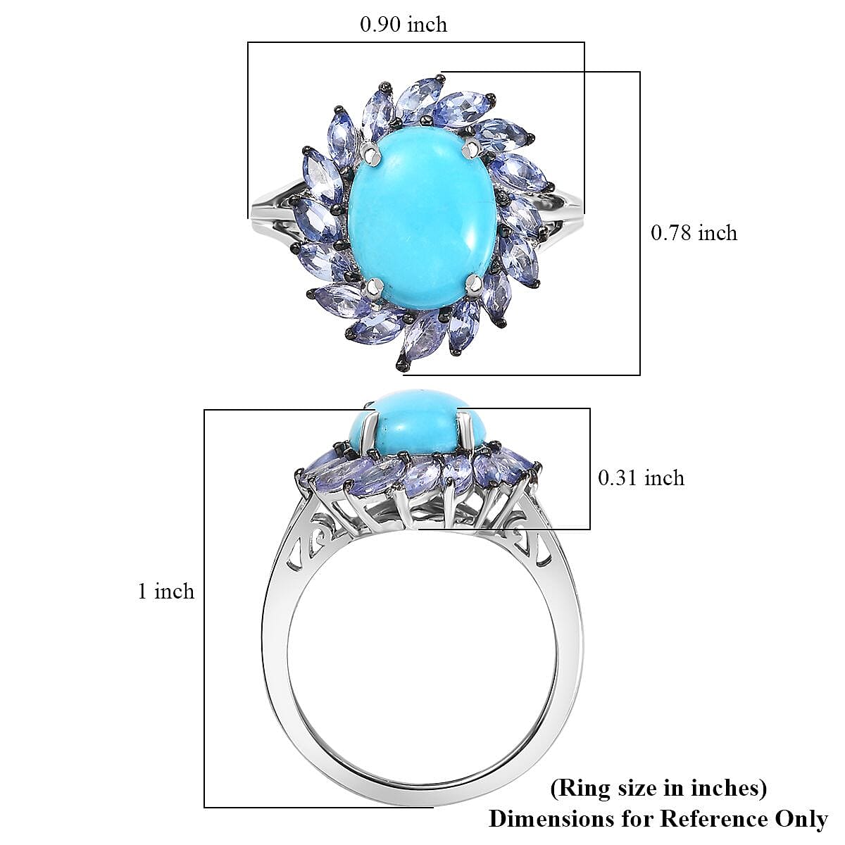 D'Joy Sleeping Beauty Turquoise and Tanzanite 3.90 ctw Cocktail Ring in Rhodium Over Sterling Silver (Size 10.0) (Del. in 8-10 Days)