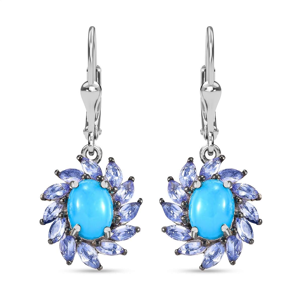 Sleeping Beauty Turquoise and Tanzanite 4.20 ctw Lever Back Earrings in Rhodium Over Sterling Silver image number 0