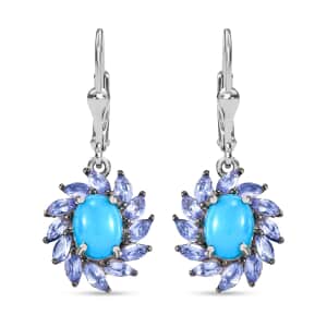 Sleeping Beauty Turquoise and Tanzanite 4.20 ctw Lever Back Earrings in Rhodium Over Sterling Silver