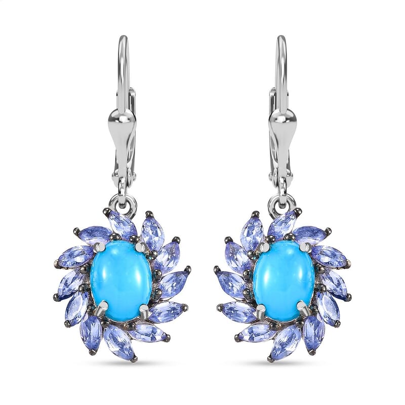 D'Joy Sleeping Beauty Turquoise and Tanzanite 4.20 ctw Lever Back Earrings in Rhodium Over Sterling Silver