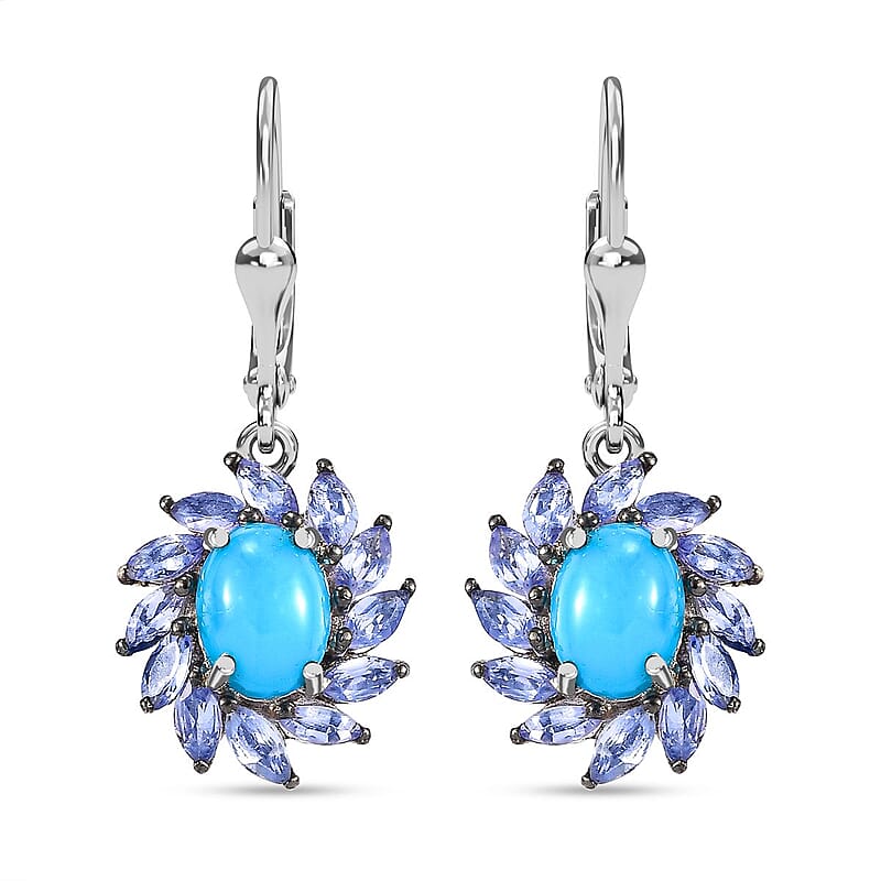 D'Joy Sleeping Beauty Turquoise and Tanzanite 4.20 ctw Lever Back Earrings in Rhodium Over Sterling Silver