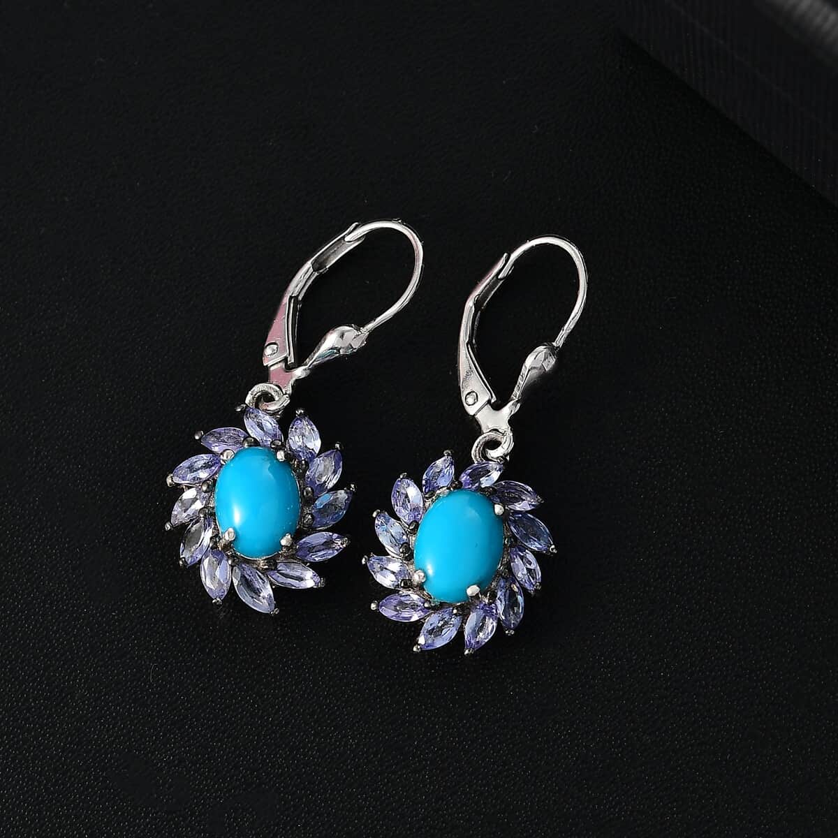 Sleeping Beauty Turquoise and Tanzanite 4.20 ctw Lever Back Earrings in Rhodium Over Sterling Silver image number 1