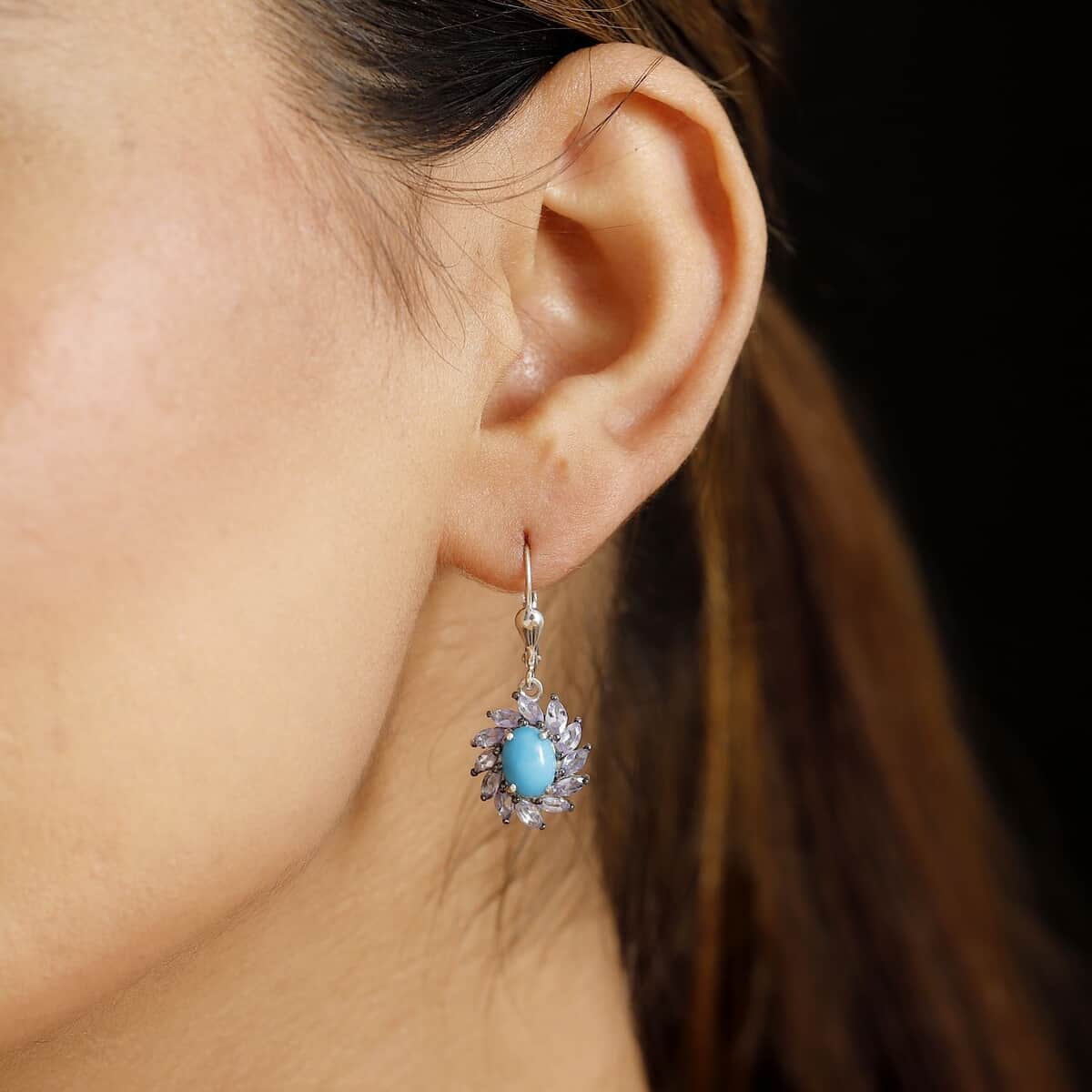 Sleeping Beauty Turquoise and Tanzanite 4.20 ctw Lever Back Earrings in Rhodium Over Sterling Silver image number 2