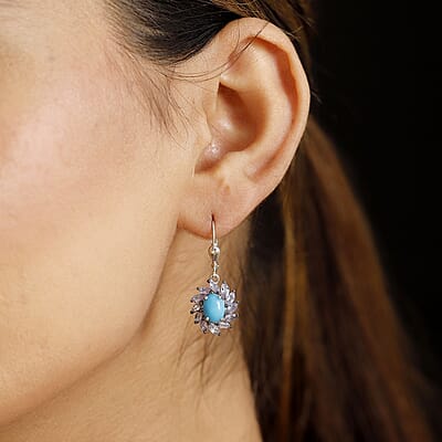 D'Joy Sleeping Beauty Turquoise and Tanzanite 4.20 ctw Lever Back Earrings in Rhodium Over Sterling Silver