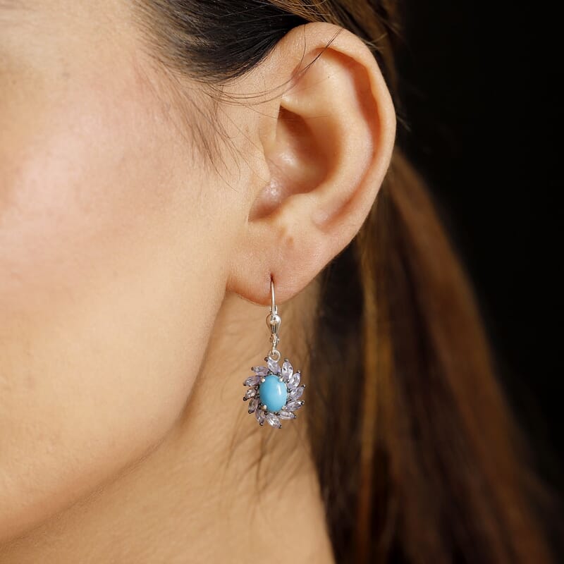 D'Joy Sleeping Beauty Turquoise and Tanzanite 4.20 ctw Lever Back Earrings in Rhodium Over Sterling Silver