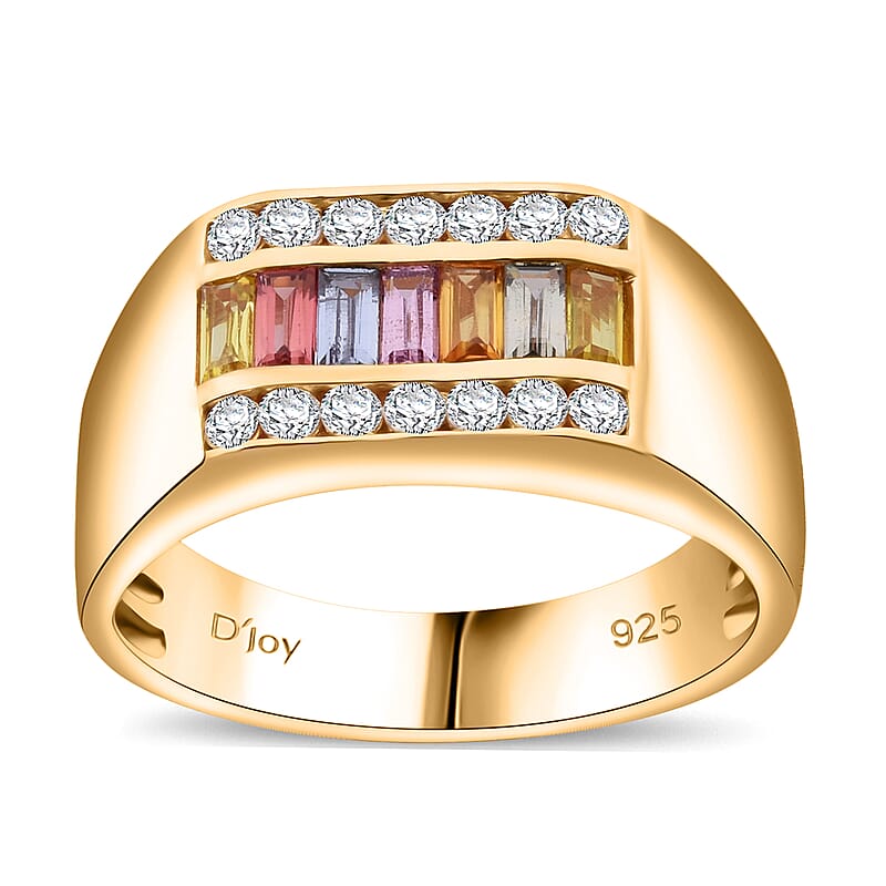 Premium Multi Sapphire and Moissanite 1.40 ctw Men's Ring in Vermeil Yellow Gold Over Sterling Silver (Size 10.0)