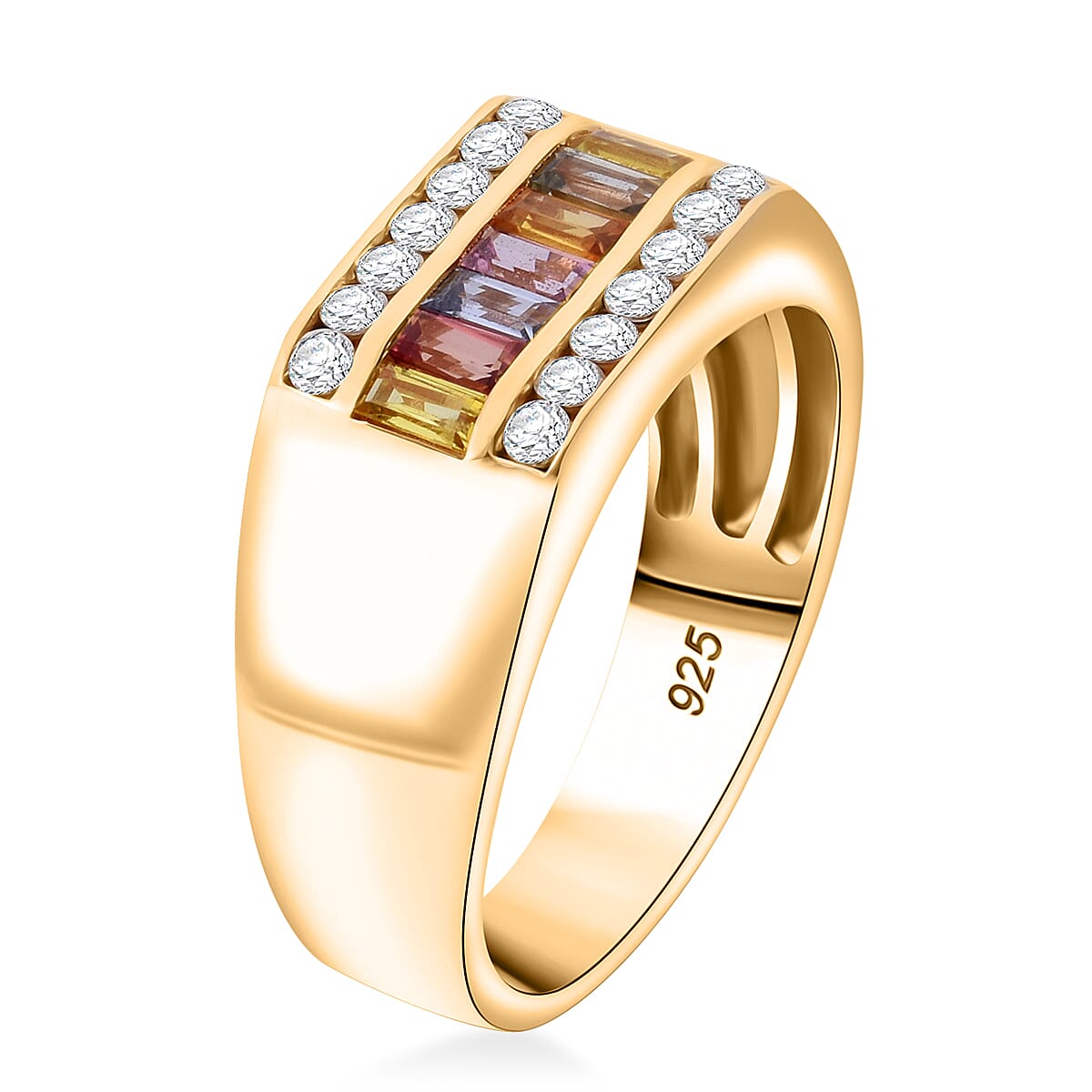 Premium Multi Sapphire and Moissanite 1.40 ctw Men's Ring in Vermeil Yellow Gold Over Sterling Silver (Size 14.0) image number 2