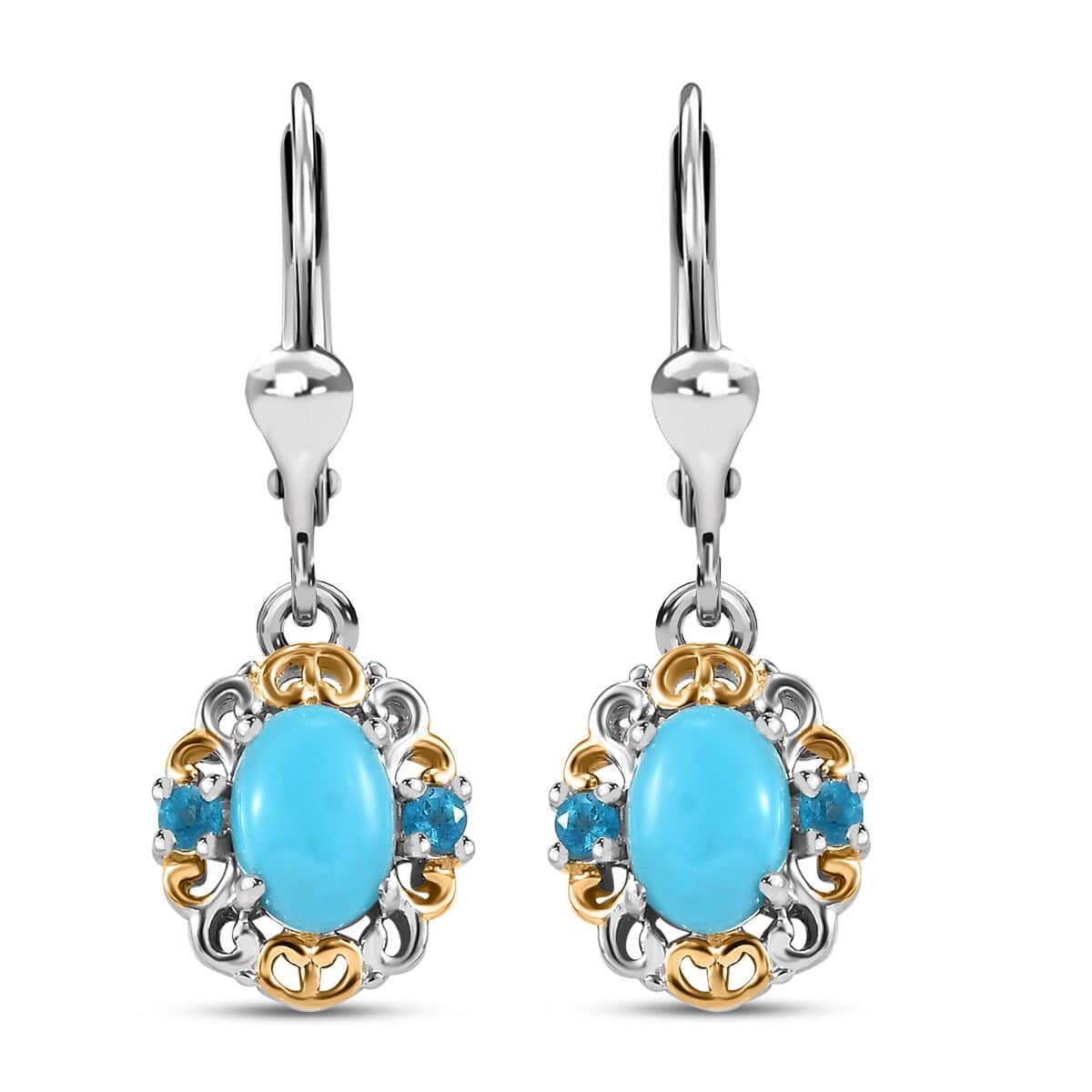 Sleeping Beauty Turquoise, Malgache Neon Apatite 1.70 ctw Lever Back Earrings in Vermeil YG and Rhodium Over Sterling Silver  image number 0