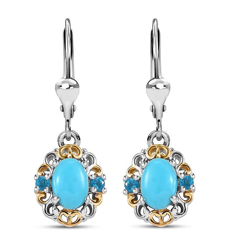 D'Joy Sleeping Beauty Turquoise, Malgache Neon Apatite 1.70 ctw Lever Back Earrings in Vermeil YG and Rhodium Over Sterling Silver 