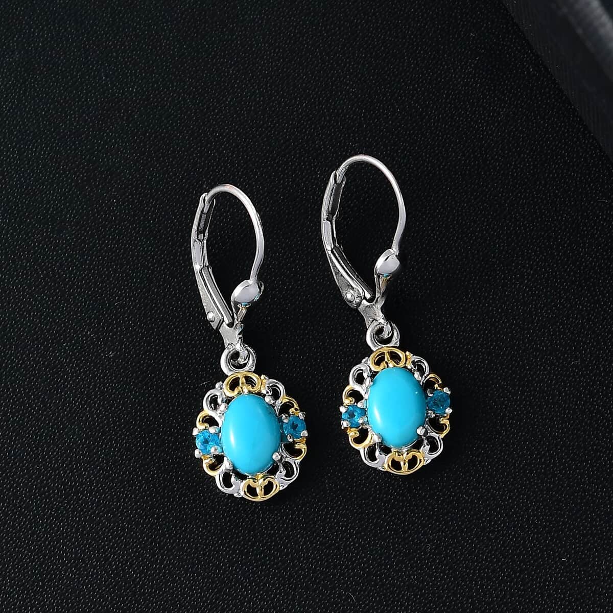 Sleeping Beauty Turquoise, Malgache Neon Apatite 1.70 ctw Lever Back Earrings in Vermeil YG and Rhodium Over Sterling Silver  image number 1