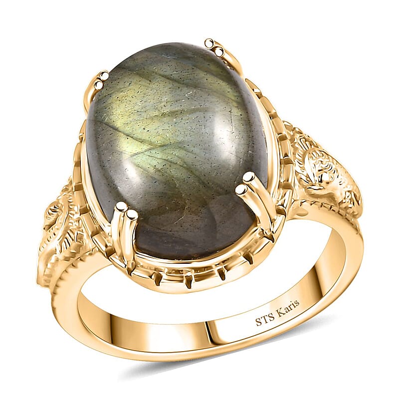Karis Madagascar Fire Labradorite 18.00 ctw Solitaire Ring in 18K Yellow Gold Plated (Size 10.0)