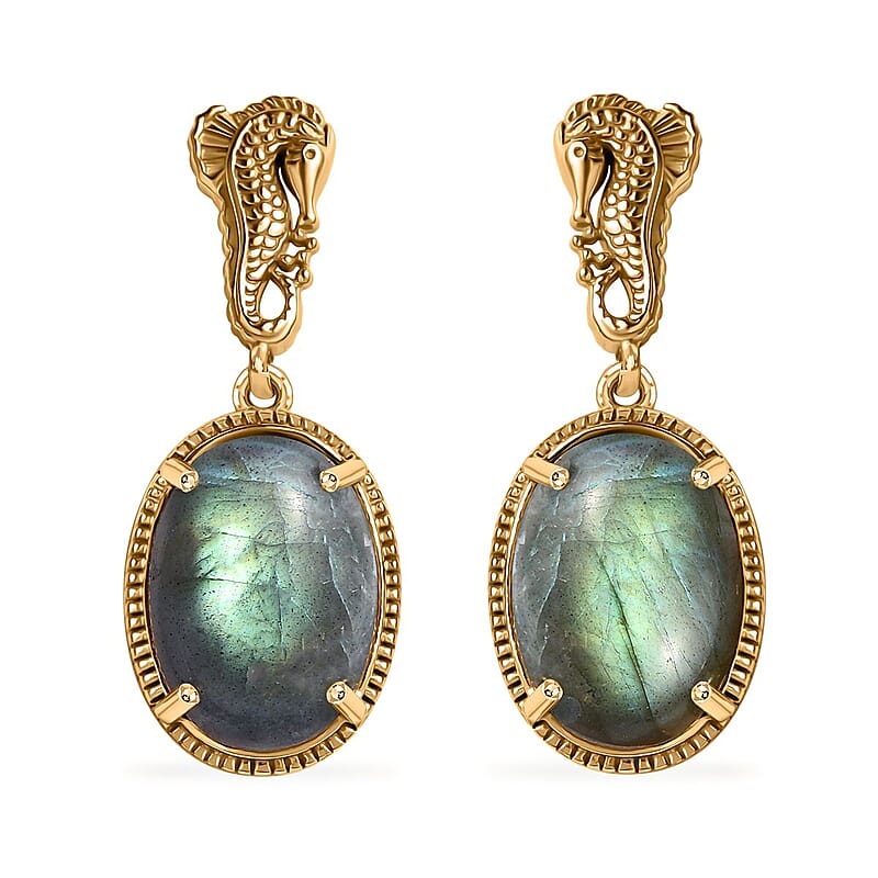 Karis Madagascar Fire Labradorite 14.00 ctw Dangle Earrings in 18K YG Plated