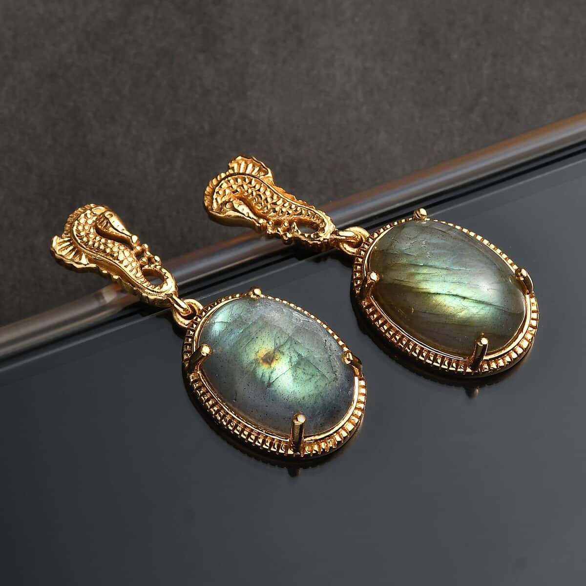 Doorbuster Karis Madagascar Fire Labradorite 14.00 ctw Dangle Earrings in 18K YG Plated  image number 1