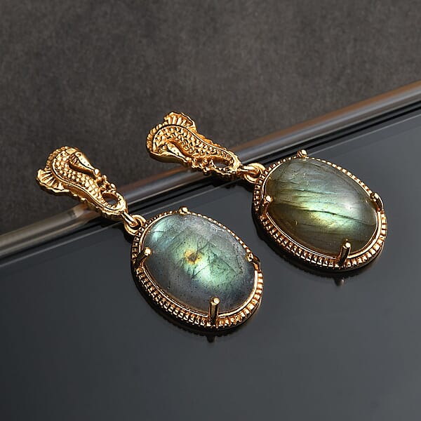 Karis Madagascar Fire Labradorite 14.00 ctw Dangle Earrings in 18K YG Plated