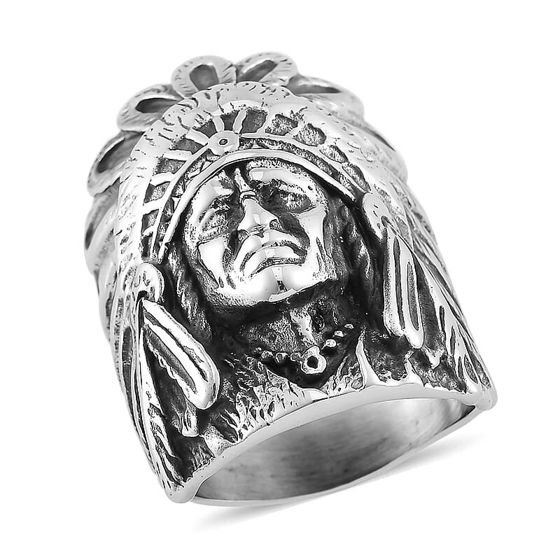 Native Chief Head Men's Ring in Black Oxidized Stainless Steel (Size 10.0)