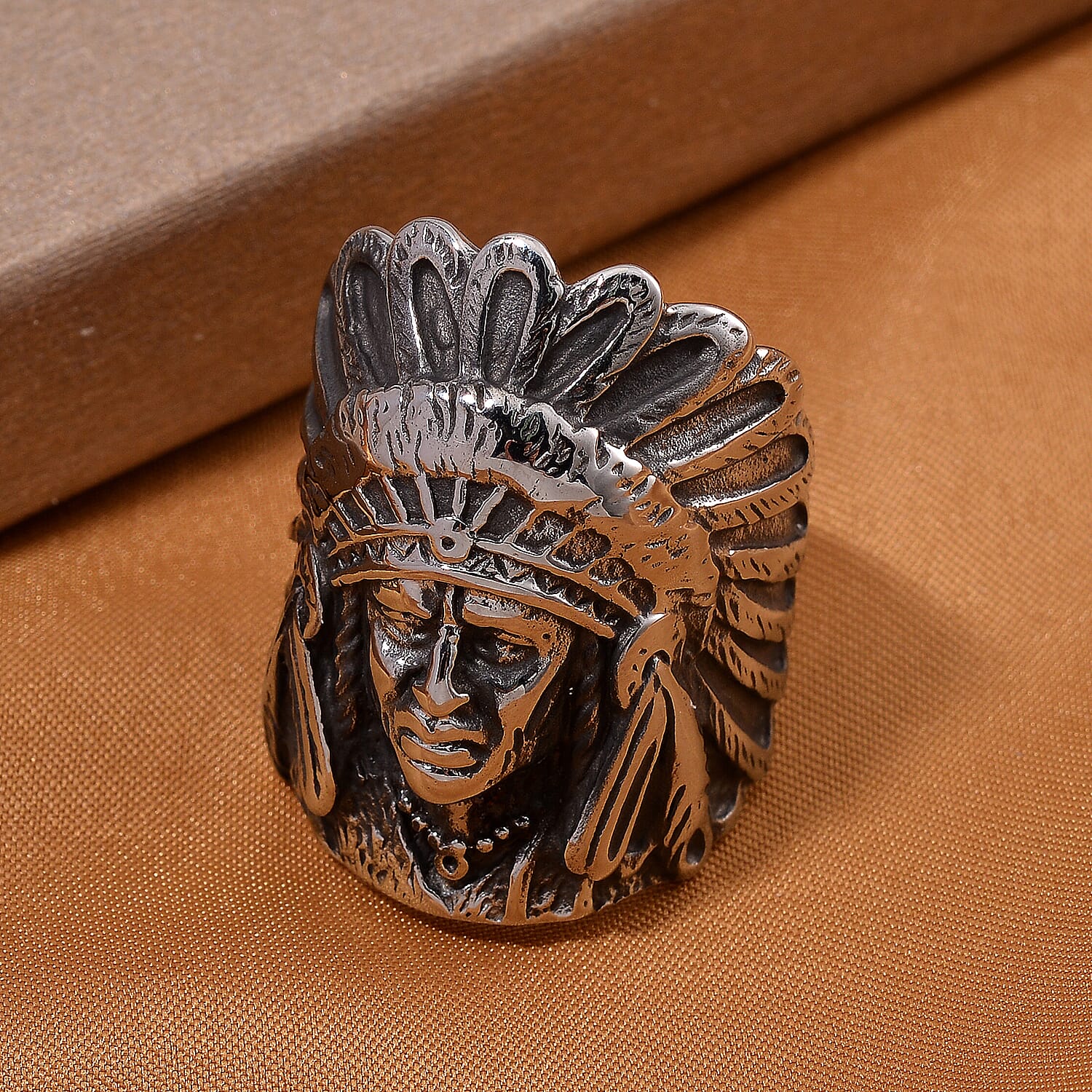 Native Chief Head Men's Ring in Black Oxidized Stainless Steel (Size 10.0)