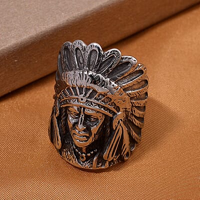 Native Chief Head Men's Ring in Black Oxidized Stainless Steel (Size 10.0)