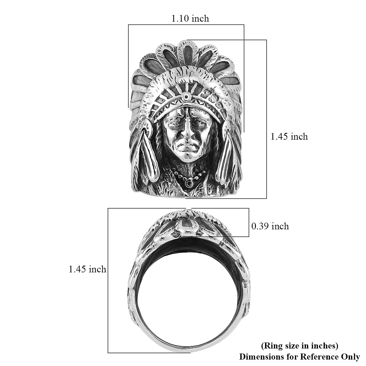 Native Chief Head Men's Ring in Black Oxidized Stainless Steel (Size 10.0)