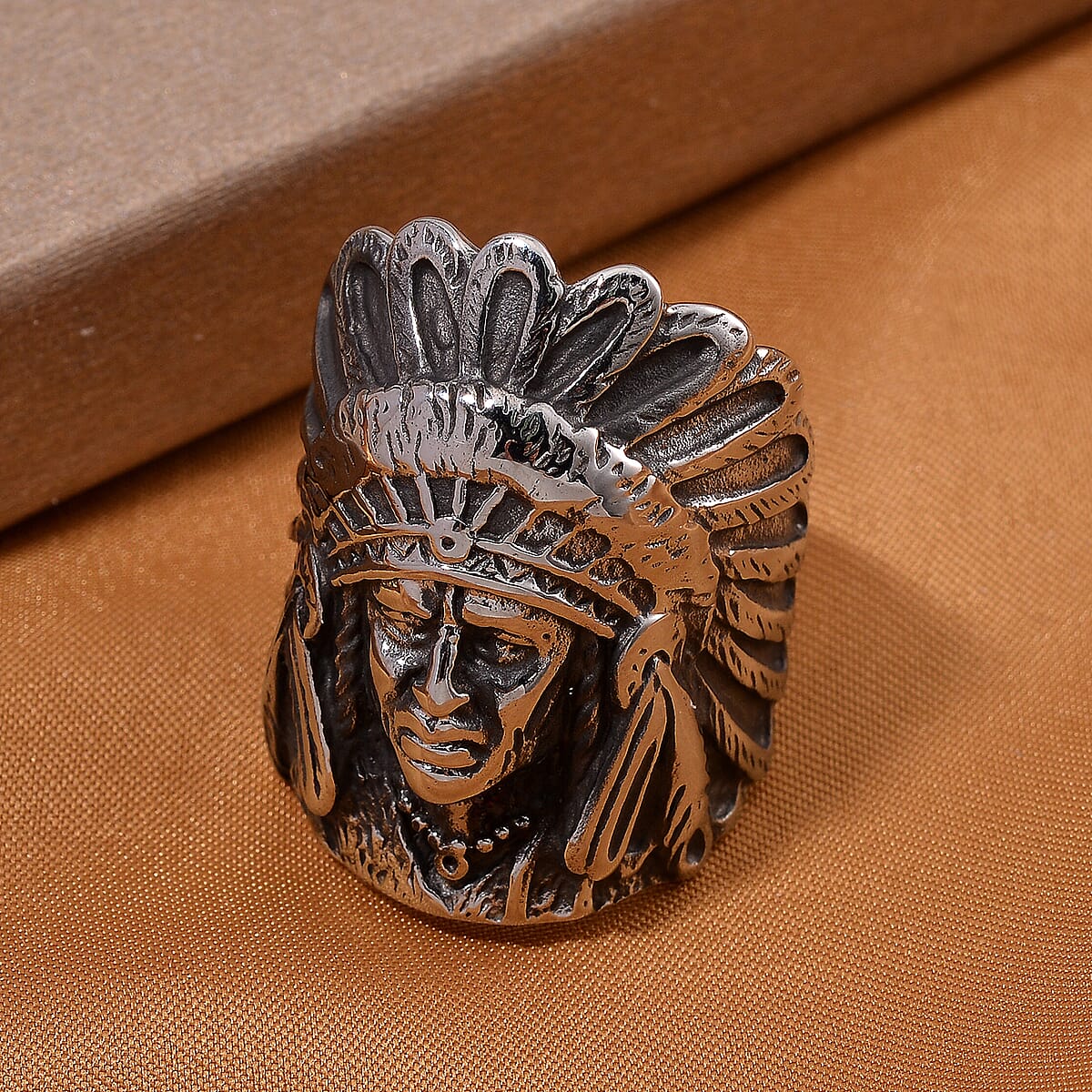 Native Chief Head Men's Ring in Black Oxidized Stainless Steel (Size 9.0) image number 1