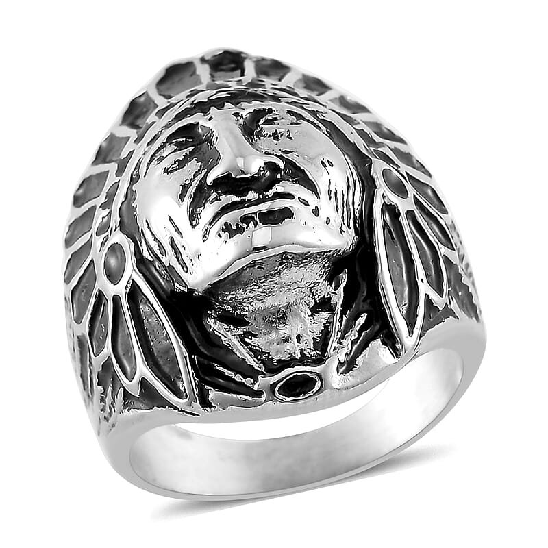 Native Cheif Head Men's Ring in Black Oxidized Stainless Steel (Size 10.0)