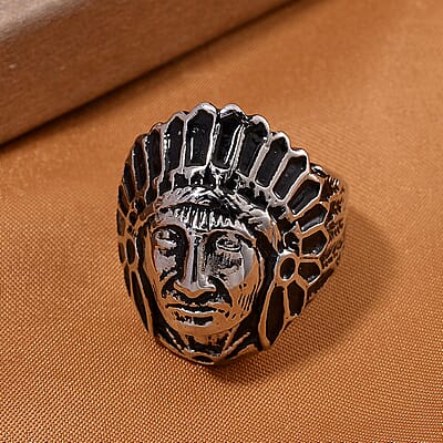 Native Cheif Head Men's Ring in Black Oxidized Stainless Steel (Size 10.0)