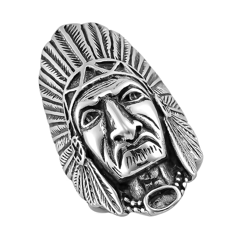Native Cheif Head Men's Ring in Black Oxidized Stainless Steel (Size 10.0)