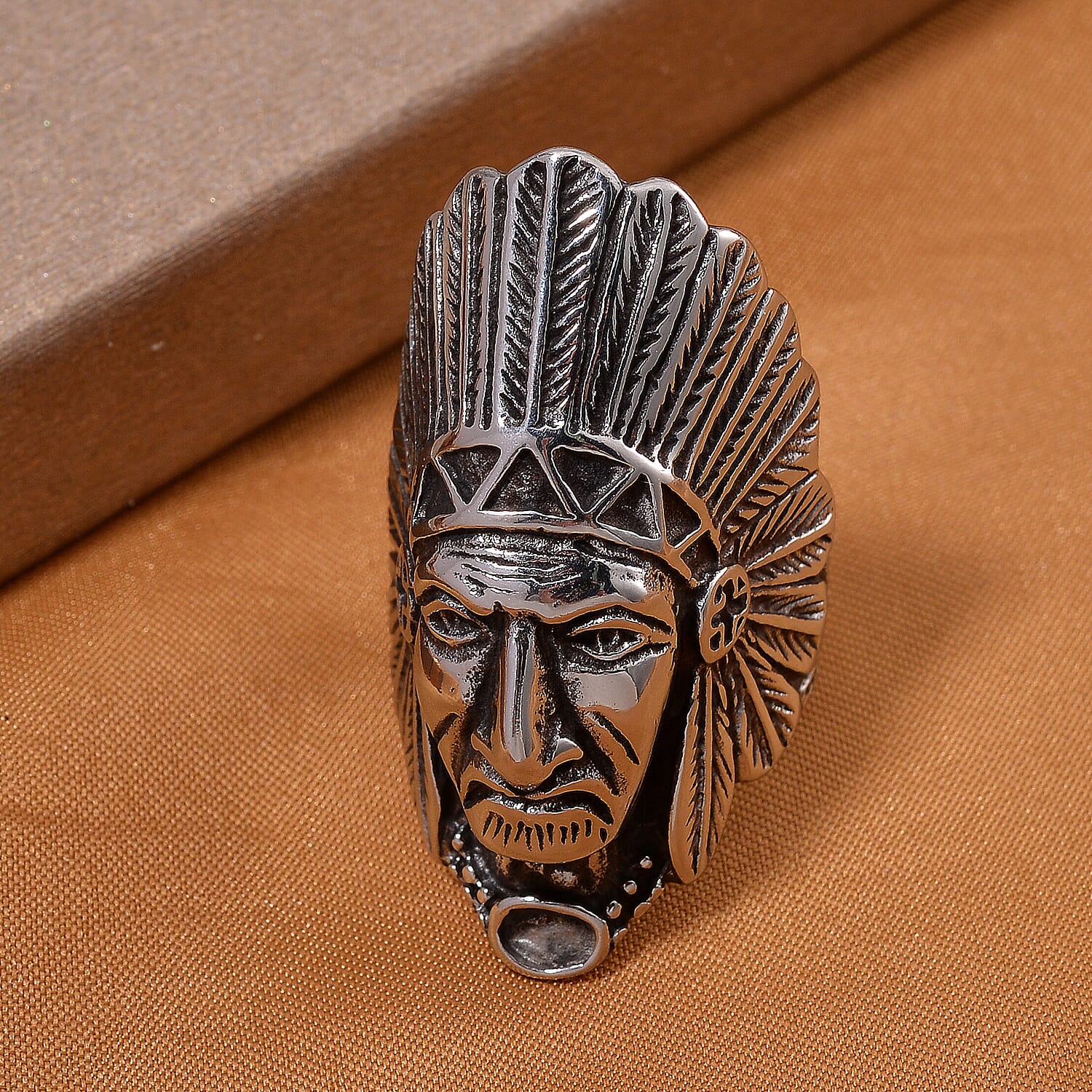 Native Cheif Head Men's Ring in Black Oxidized Stainless Steel (Size 10.0)