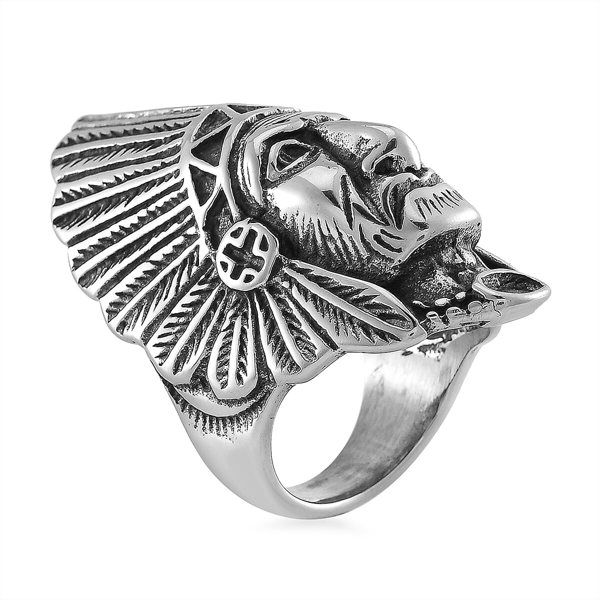 Native Cheif Head Men's Ring in Black Oxidized Stainless Steel (Size 10.0)