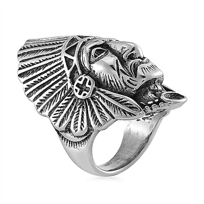 Native Cheif Head Men's Ring in Black Oxidized Stainless Steel (Size 10.0)