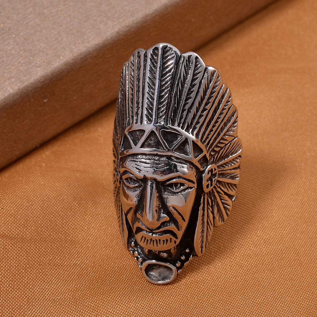 Native Cheif Head Men's Ring in Black Oxidized Stainless Steel (Size 11.0) image number 1