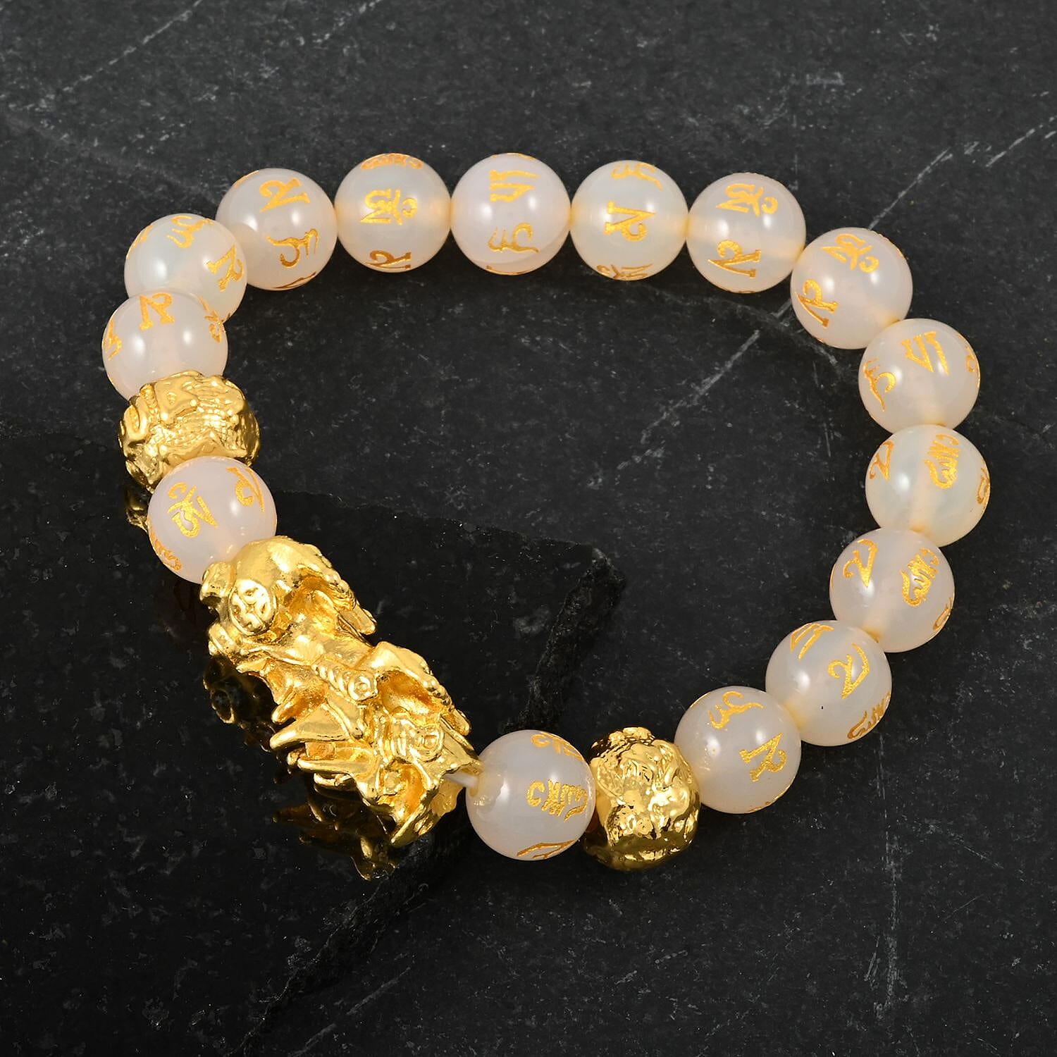 White Agate 9-11mm Carved Feng Shui Beaded Bracelet with Pixiu Charm in Goldtone 120.00 ctw