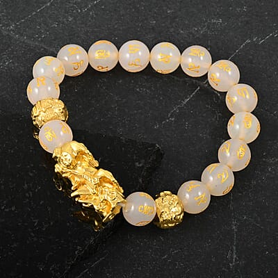 White Agate 9-11mm Carved Feng Shui Beaded Bracelet with Pixiu Charm in Goldtone 120.00 ctw
