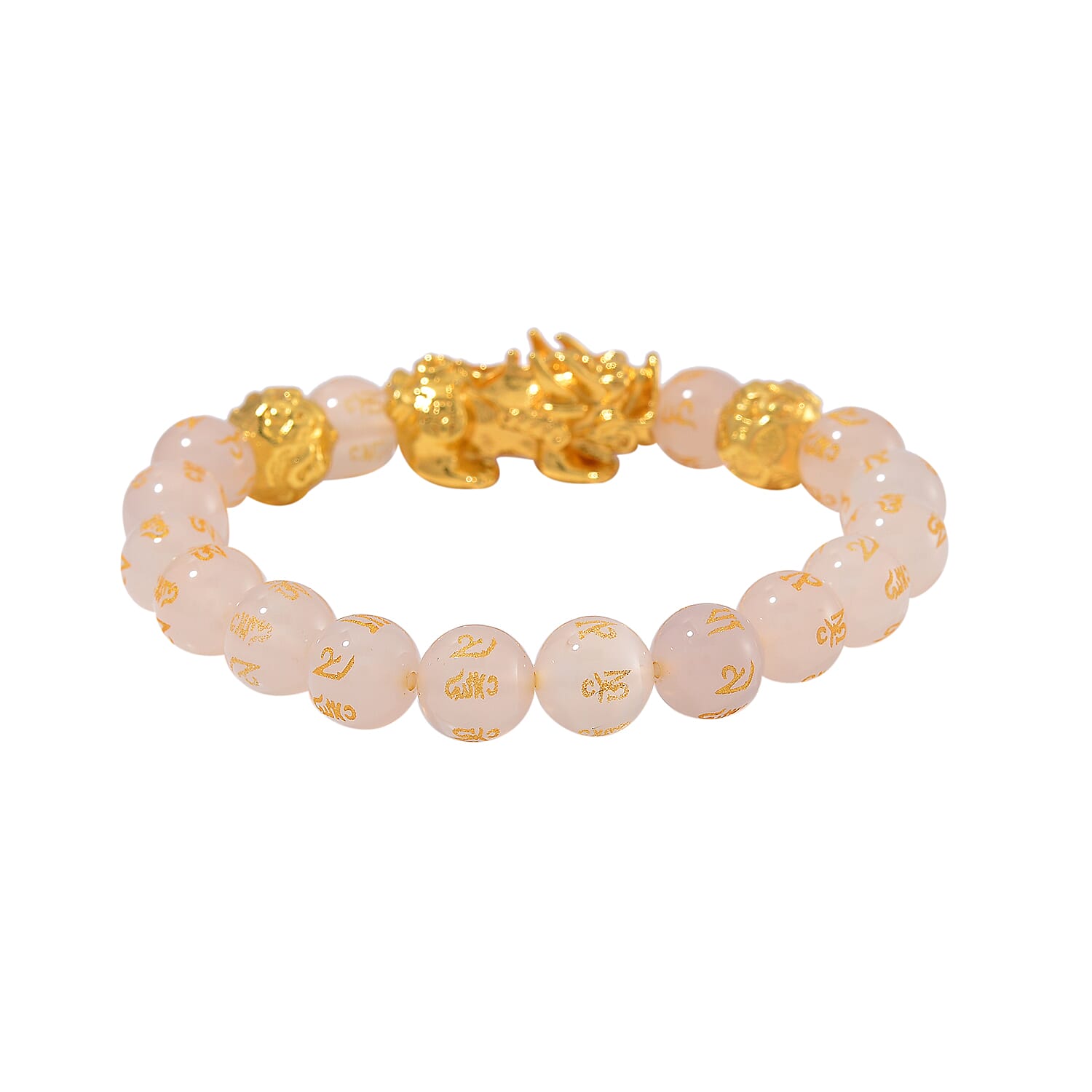 White Agate 9-11mm Carved Feng Shui Beaded Bracelet with Pixiu Charm in Goldtone 120.00 ctw