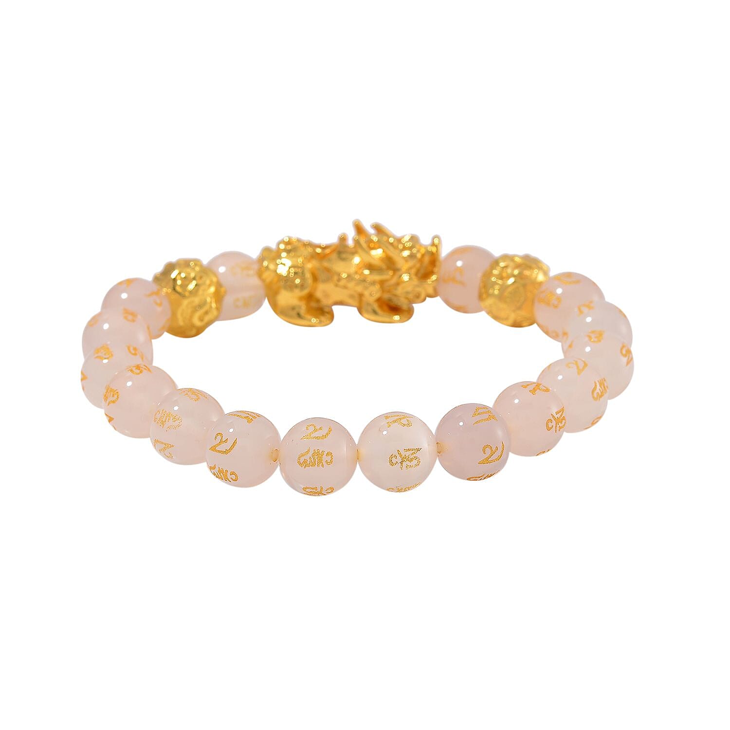 White Agate 9-11mm Carved Feng Shui Beaded Bracelet with Pixiu Charm in Goldtone 120.00 ctw