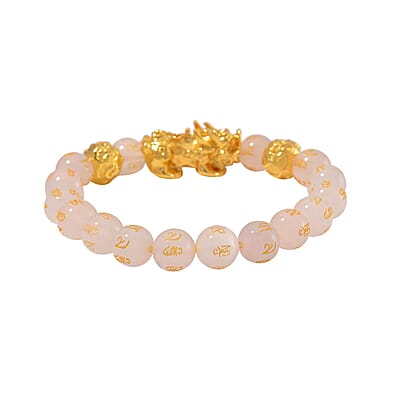 White Agate 9-11mm Carved Feng Shui Beaded Bracelet with Pixiu Charm in Goldtone 120.00 ctw