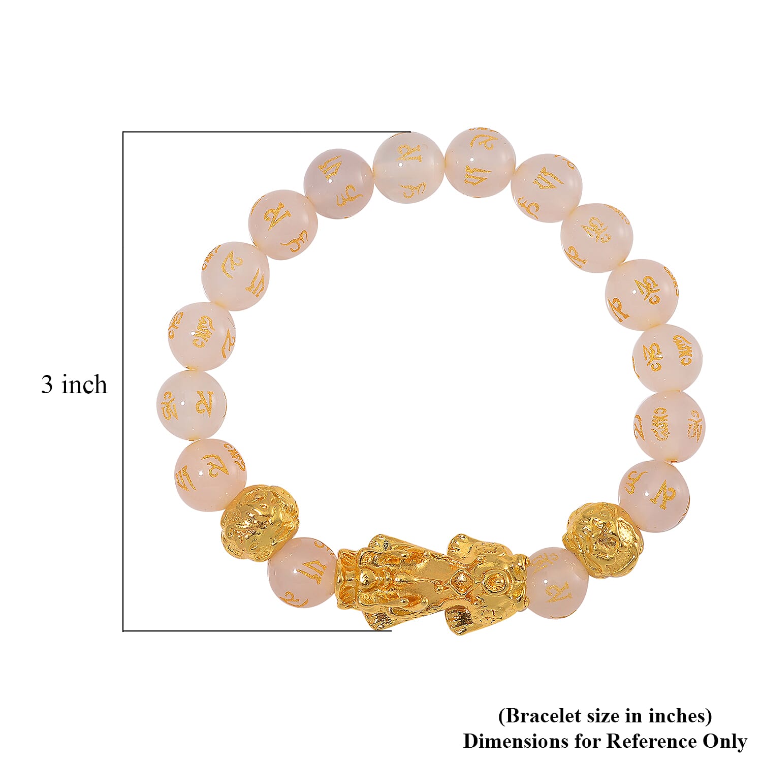White Agate 9-11mm Carved Feng Shui Beaded Bracelet with Pixiu Charm in Goldtone 120.00 ctw