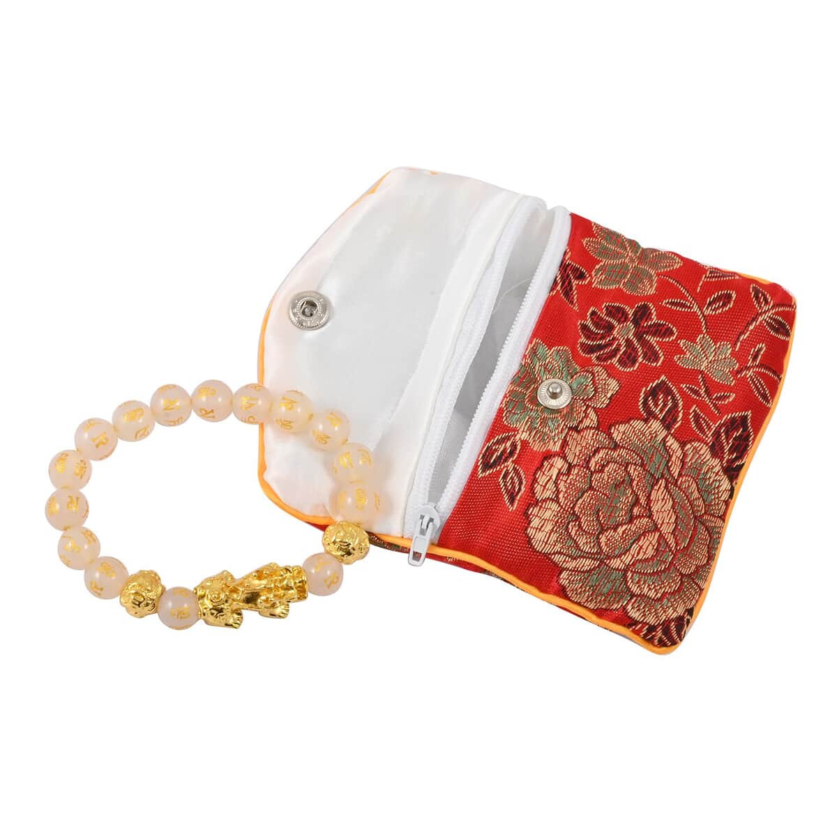 White Agate 9-11mm Carved Feng Shui Beaded Bracelet with Pixiu Charm in Goldtone 120.00 ctw image number 6