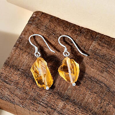 D'Joy Artisan Crafted Rough Cut Brazilian Citrine 19.80 ctw Dangle Earrings in Sterling Silver