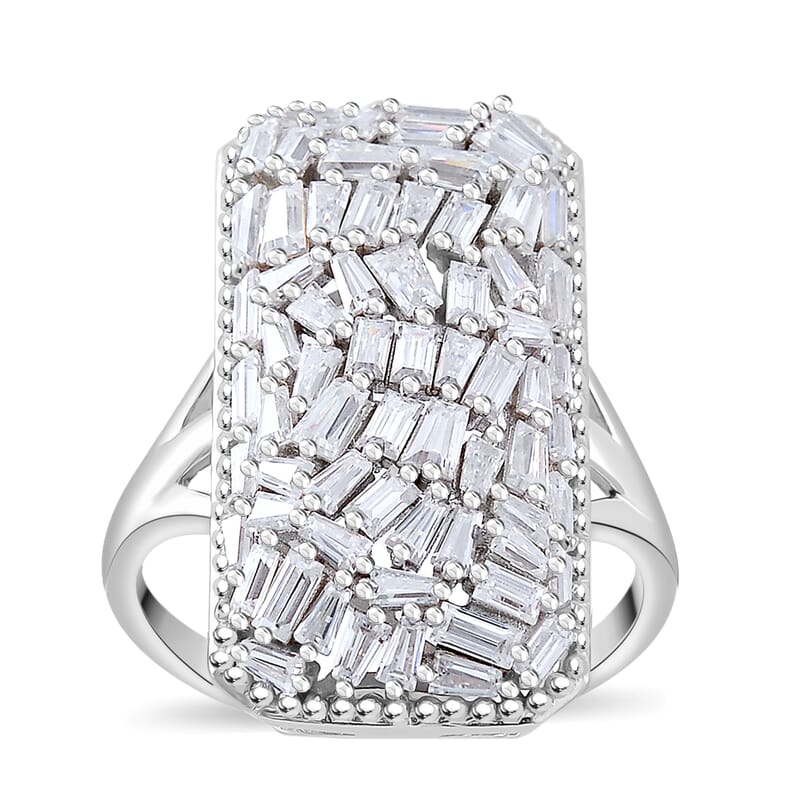 Moissanite 2.50 ctw Baguette Shape Ring in Rhodium Over Sterling Silver (Size 10.0)