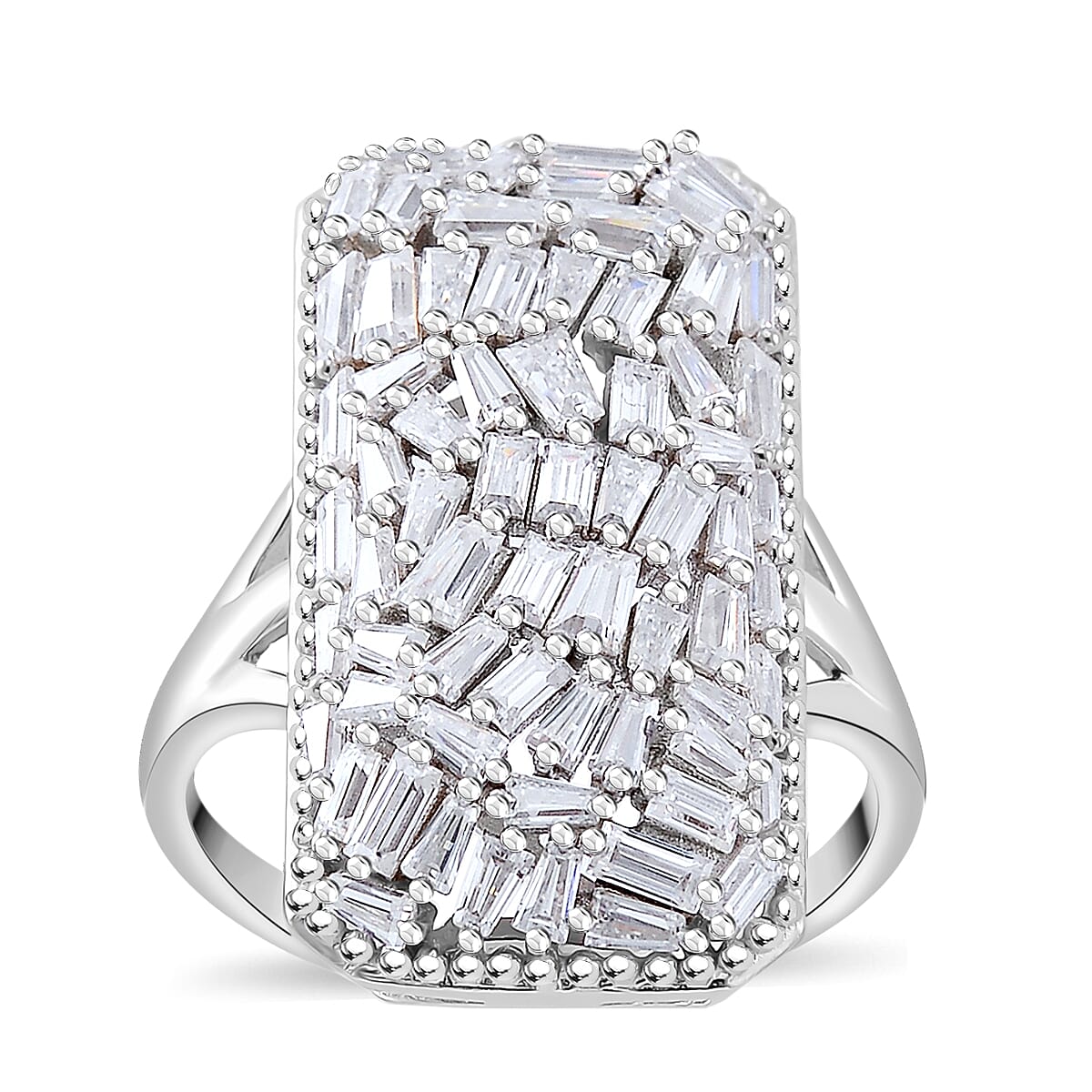 Moissanite 2.50 ctw Baguette Shape Ring in Rhodium Over Sterling Silver (Size 6.0) image number 0