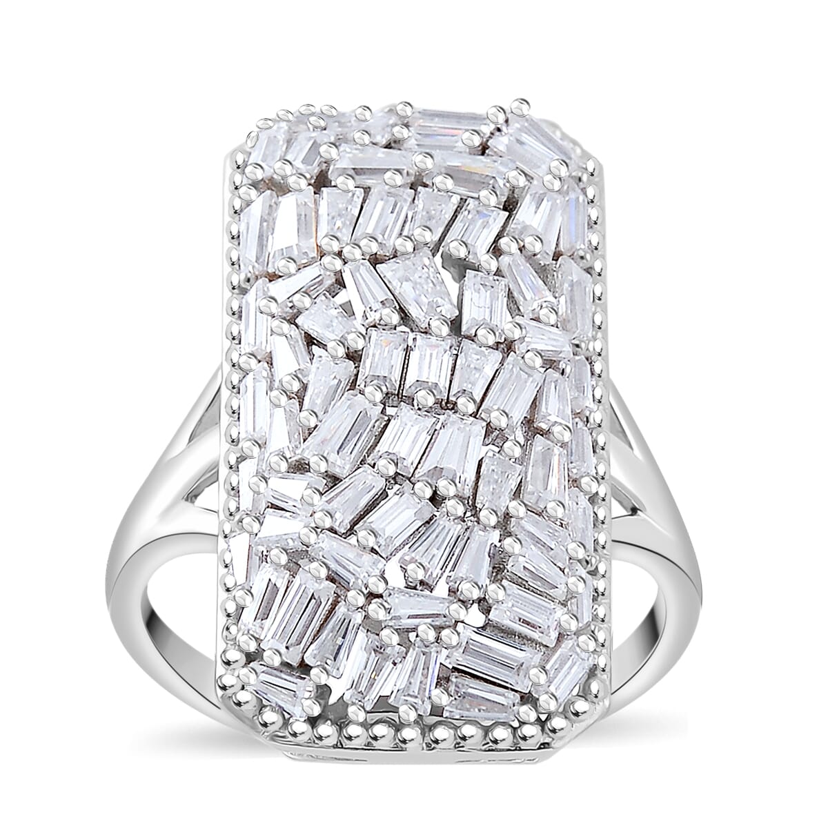 Moissanite 2.50 ctw Baguette Shape Ring in Rhodium Over Sterling Silver (Size 8.0) image number 0