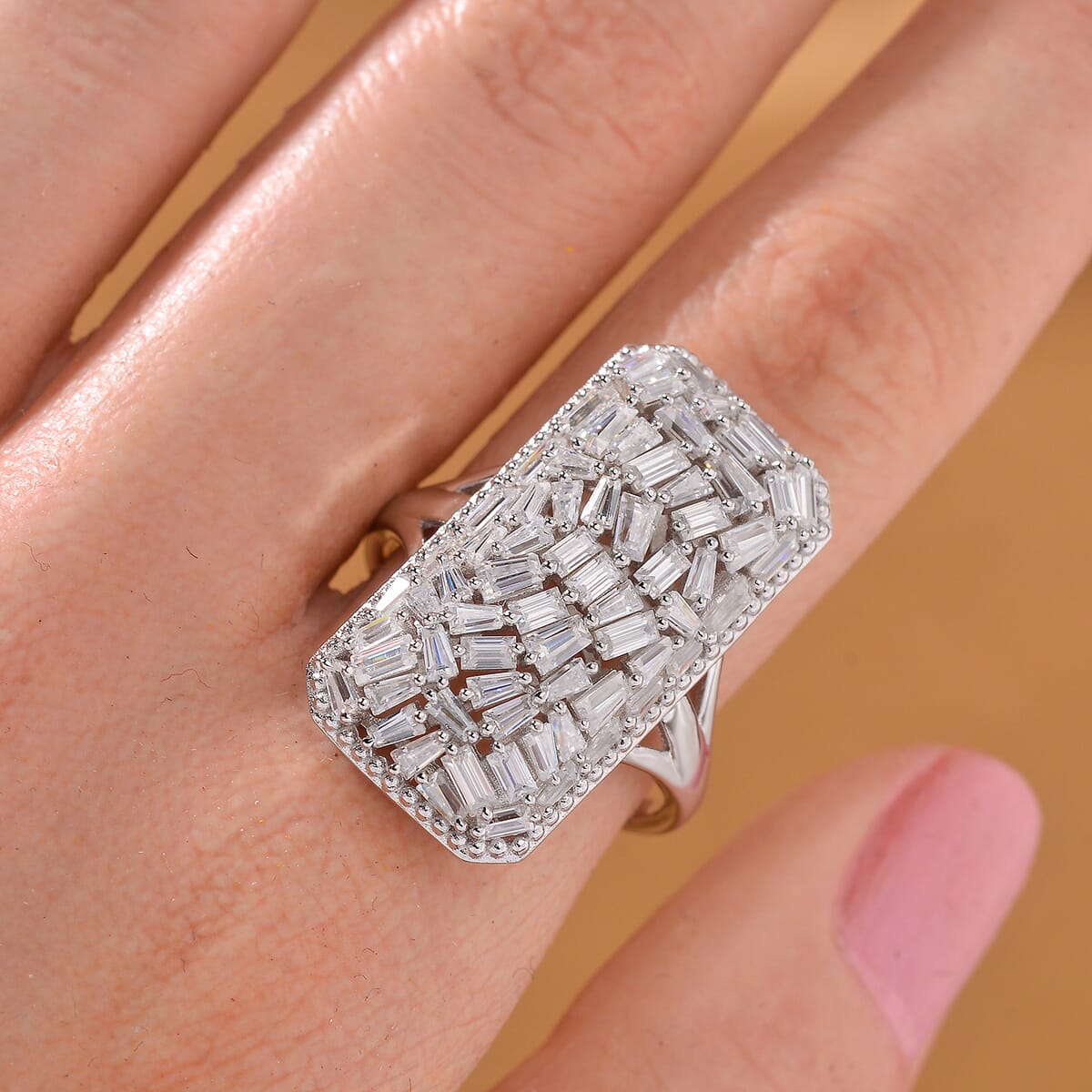 Moissanite 2.50 ctw Baguette Shape Ring in Rhodium Over Sterling Silver (Size 8.0) image number 1