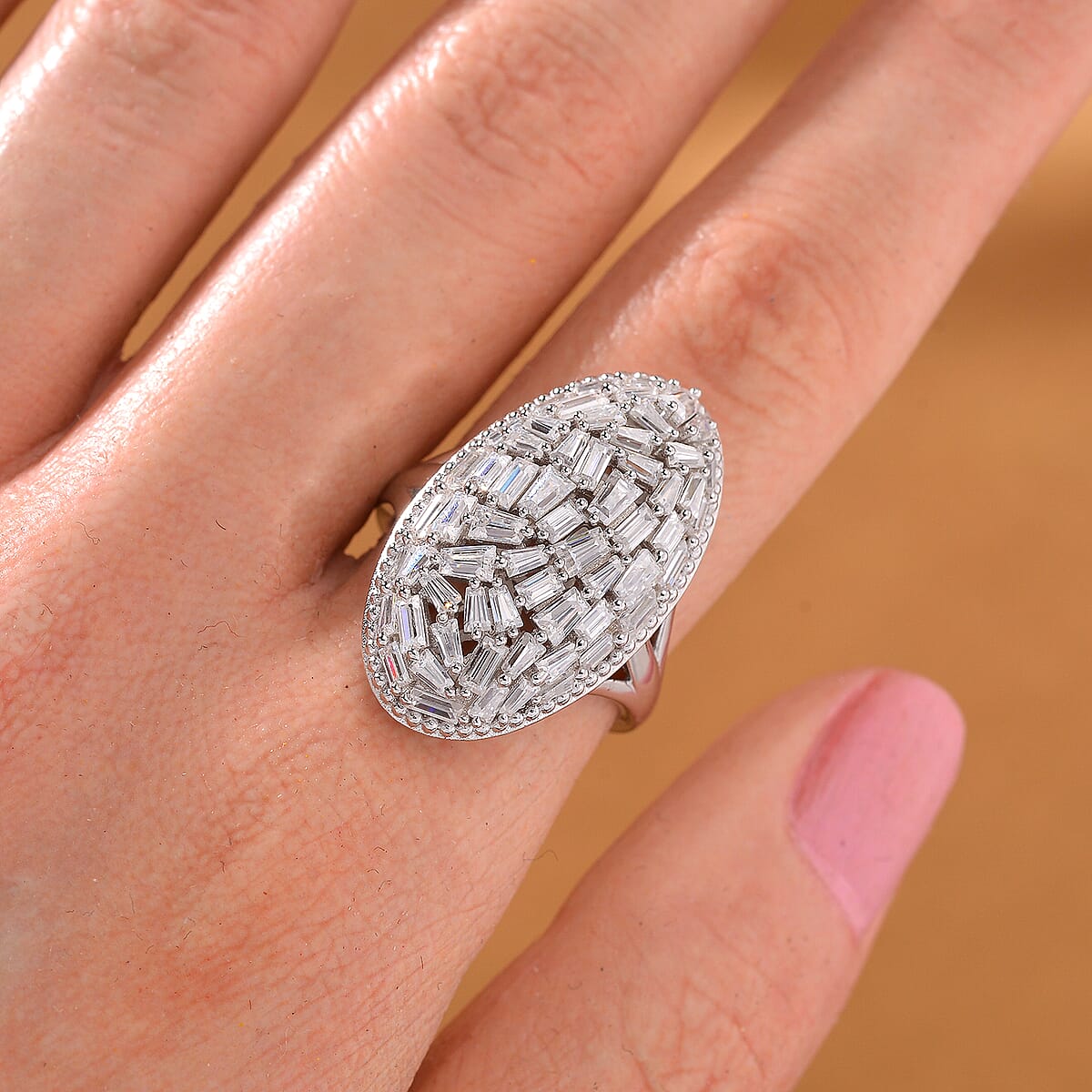 Moissanite 2.40 ctw Oval Shape Ring in Rhodium Over Sterling Silver (Size 6.0) image number 1