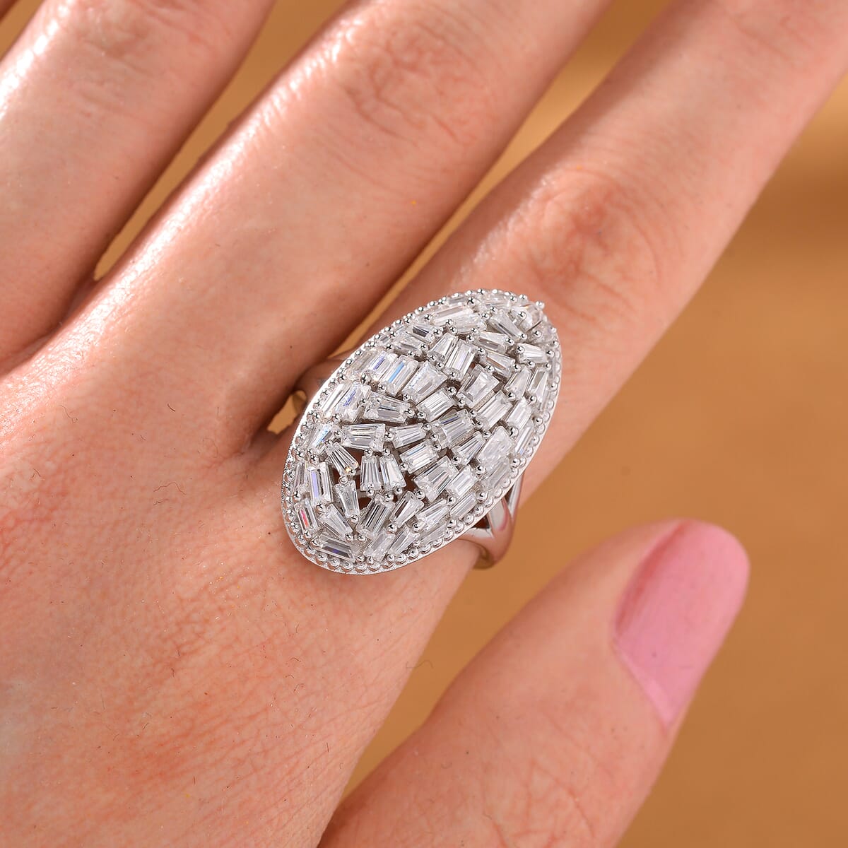 Moissanite 2.40 ctw Oval Shape Ring in Rhodium Over Sterling Silver (Size 8.0) image number 1
