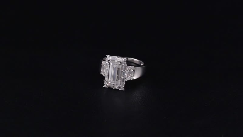 TLV Moissanite (Bgt 12x6mm) Ring in Rhodium Over Sterling Silver (Size 10.0) 4.00 ctw