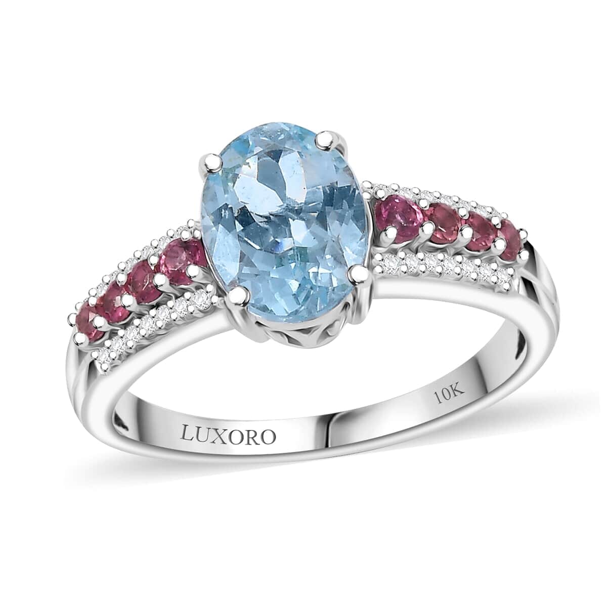 Luxoro Premium Santa Maria Aquamarine, Ouro Fino Rubellite and G-H I2 Diamond 2.00 ctw Ring in 10K White Gold (Size 11.5) image number 0