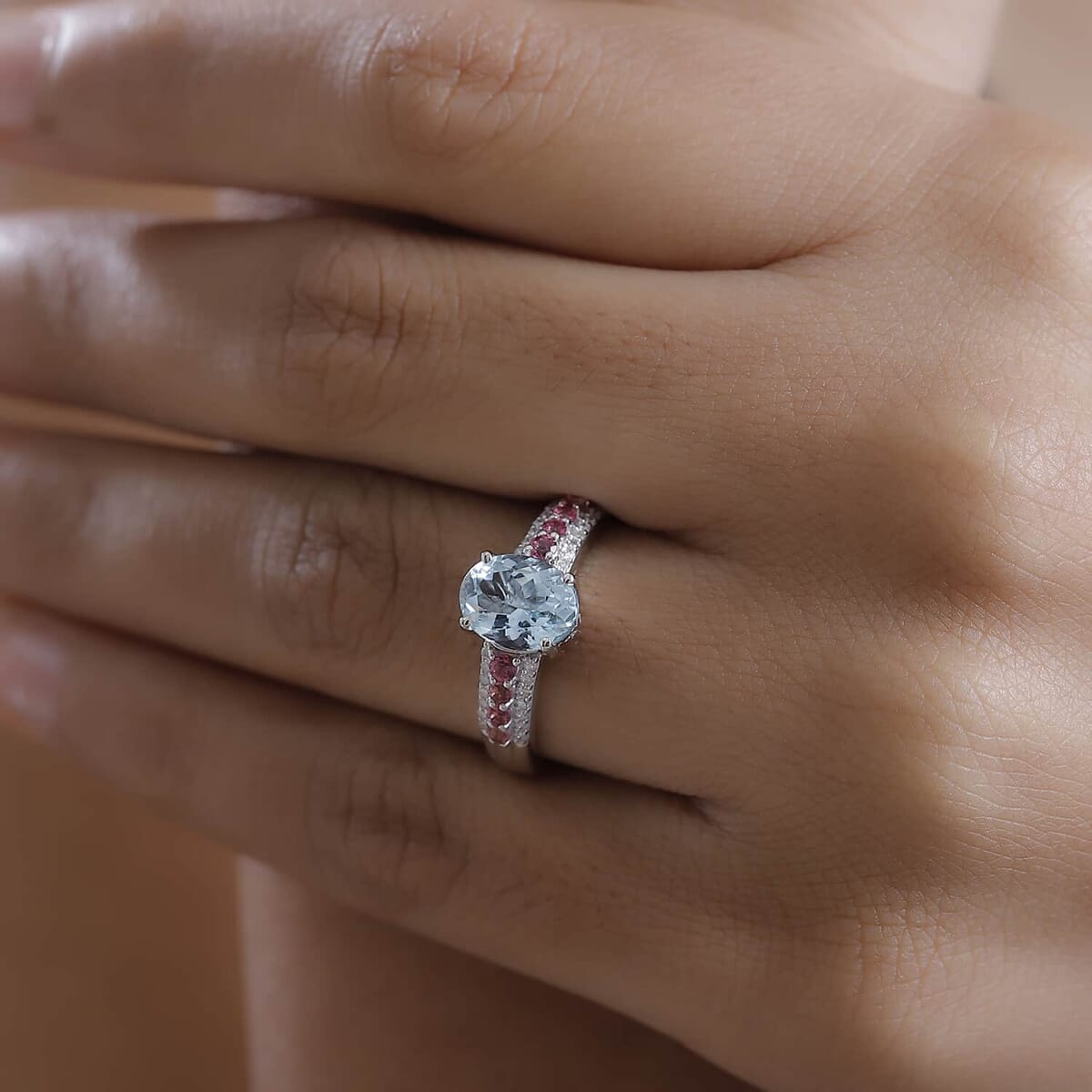 Luxoro Premium Santa Maria Aquamarine, Ouro Fino Rubellite and G-H I2 Diamond 2.00 ctw Ring in 10K White Gold (Size 11.5) image number 2