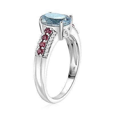 Luxoro Premium Santa Maria Aquamarine, Ouro Fino Rubellite and G-H I2 Diamond 2.00 ctw Ring in 10K White Gold (Size 12.0)