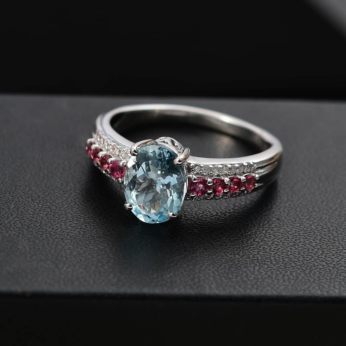 Luxoro Premium Santa Maria Aquamarine, Ouro Fino Rubellite and G-H I2 Diamond 2.00 ctw Ring in 10K White Gold (Size 8.5) image number 1