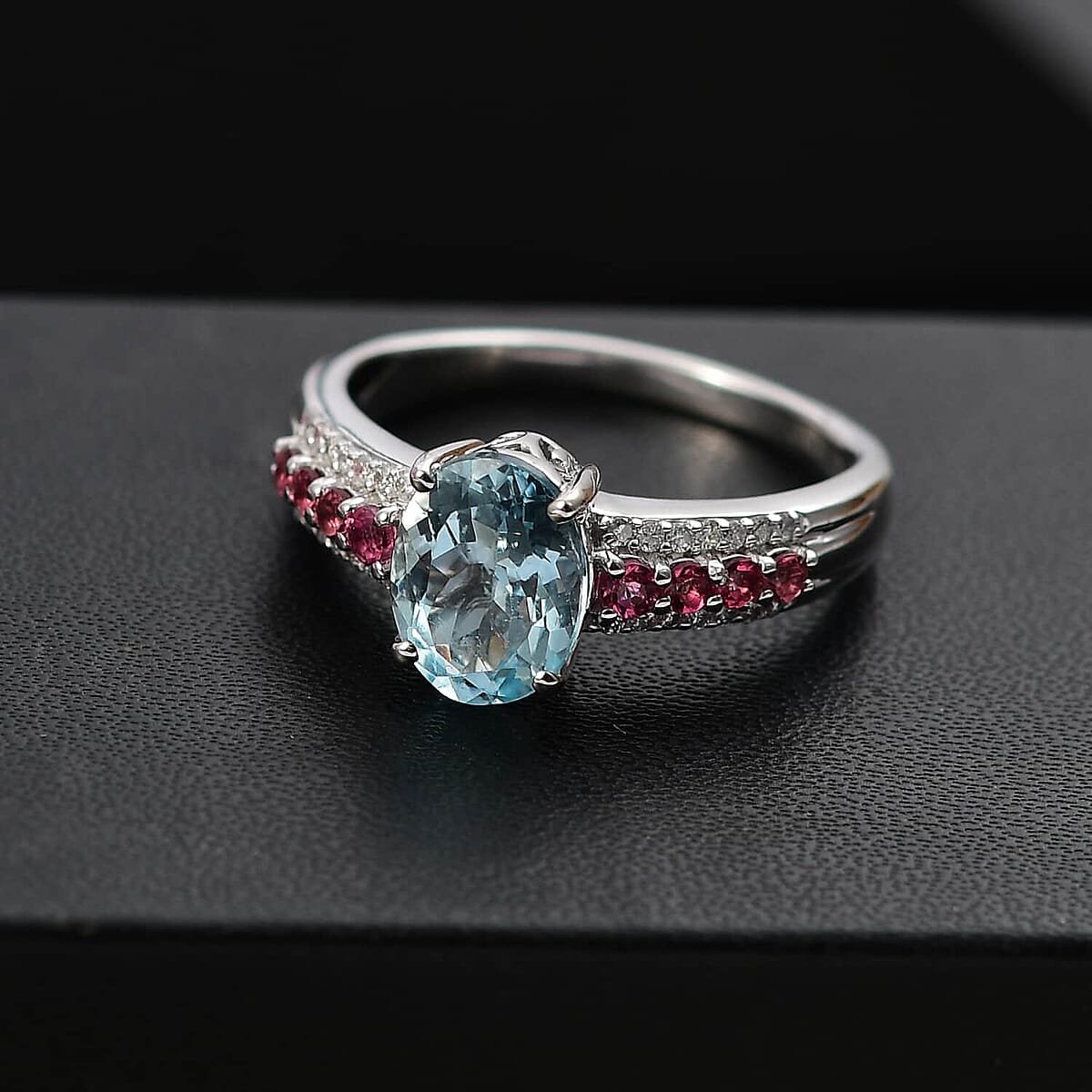Luxoro Premium Santa Maria Aquamarine, Ouro Fino Rubellite and G-H I2 Diamond 2.00 ctw Ring in 10K White Gold (Size 9.5) image number 1